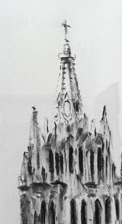Close-up detail of the panoramic charcoal drawing