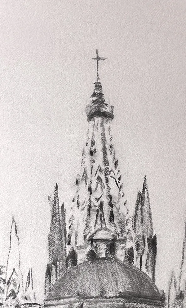 Close-up detail of the charcoal cupola drawing