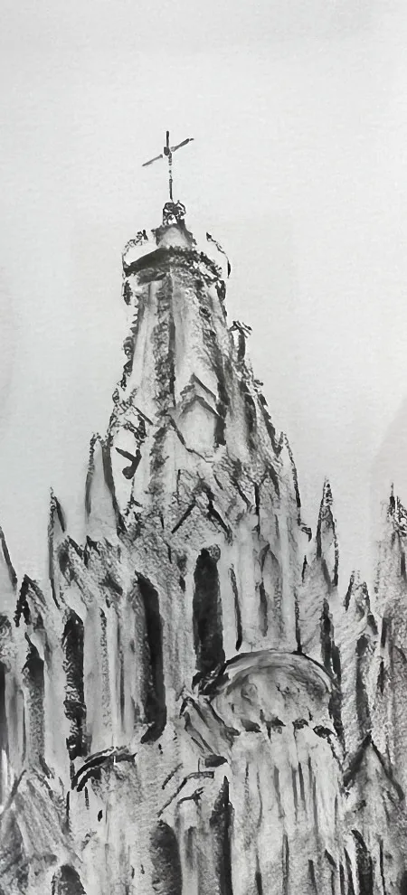 Close-up detail of the charcoal parish spire drawing