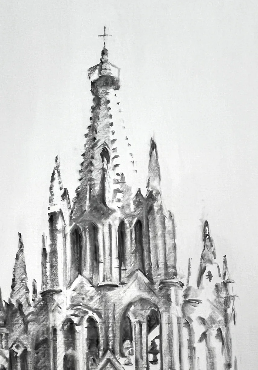 Close-up detail of the charcoal drawing on canvas
