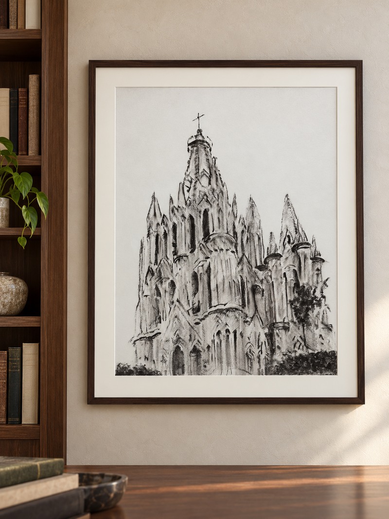 Charcoal drawing of the parish on 100% cotton paper in a dark wood frame with a white mat