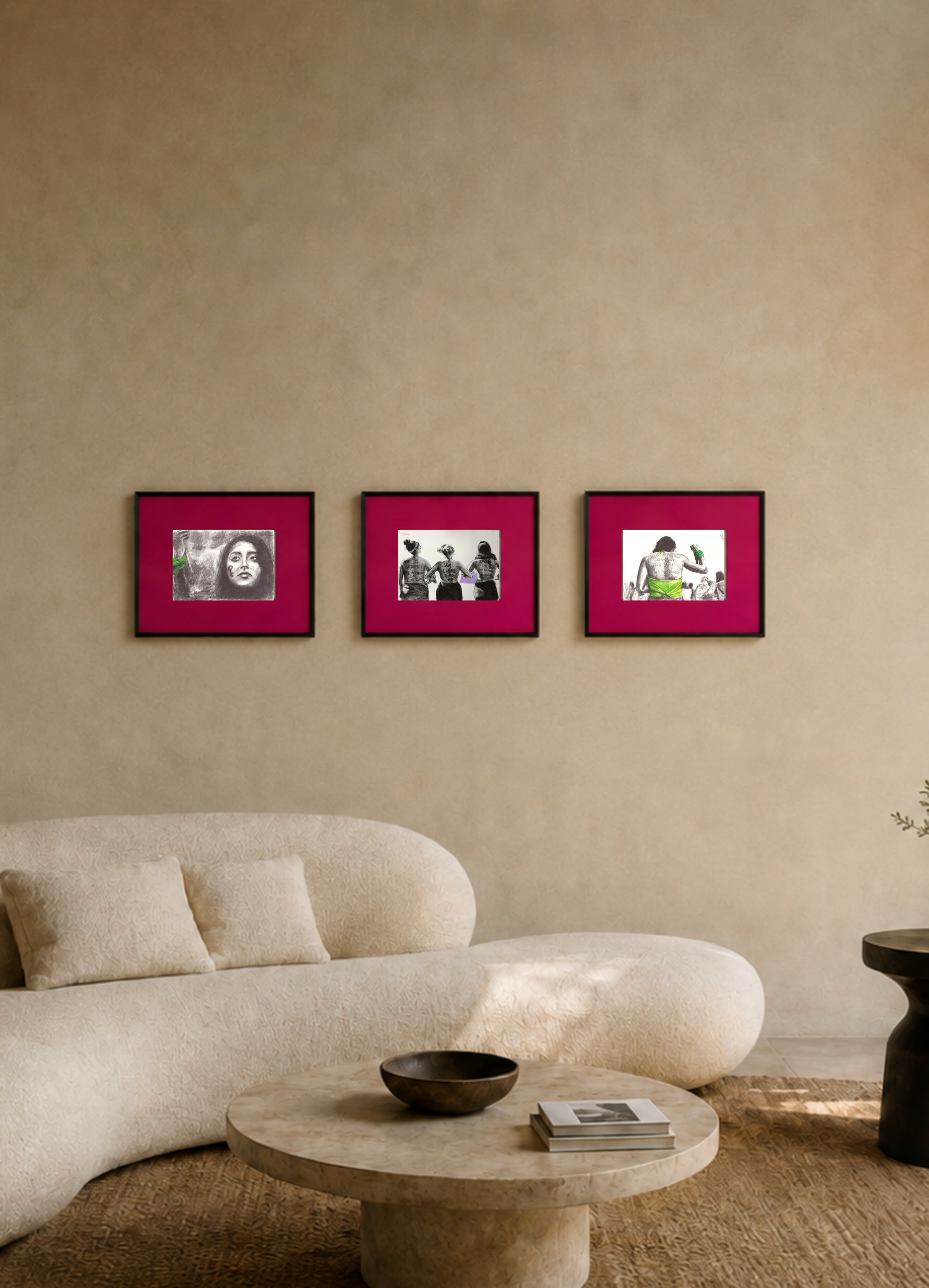 Three original Jacarandas drawings by Indhira displayed in pink mats and black frames